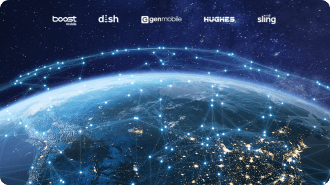 A view of the world from space with Boost Mobile, DISH, Gen Mobile, Hughes, and Sling logos above