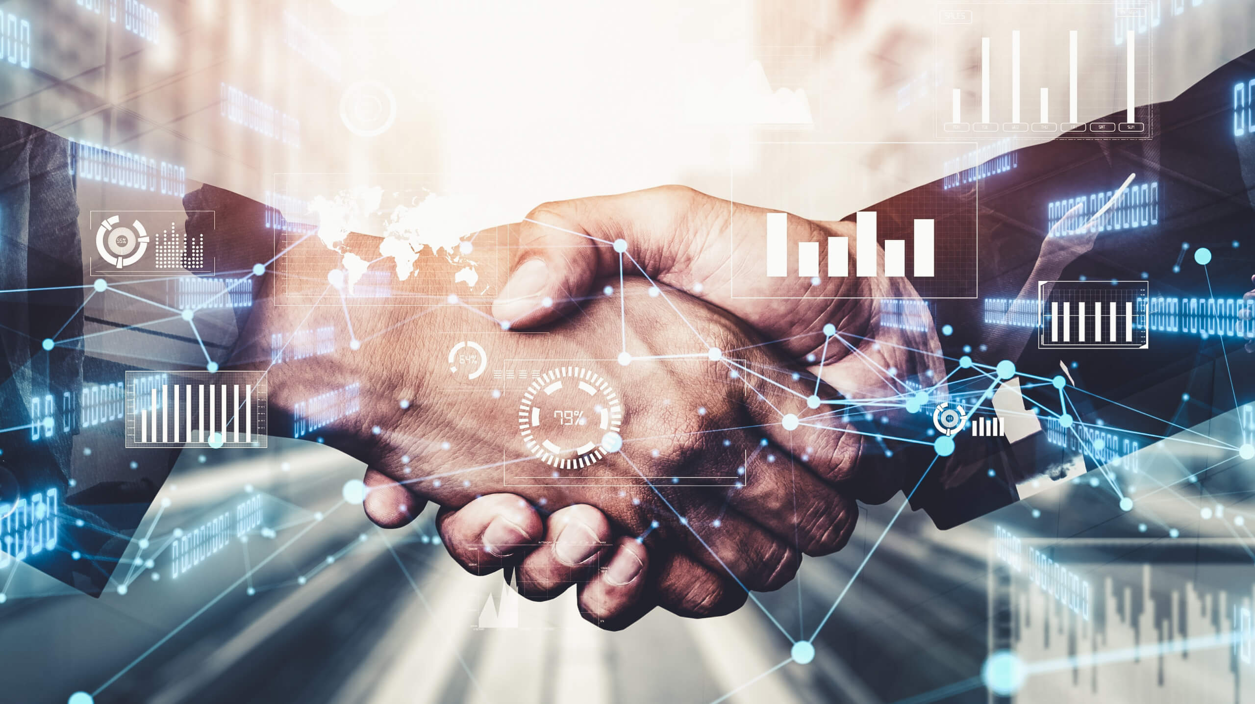 Image of a handshake with tech symbols around it