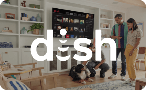 A family in a modern living room watching Dish TV with a large screen displaying the Dish interface. The Dish logo is overlaid.