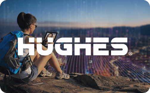 A woman sitting on a rock outdoors with a tablet, using satellite internet. The Hughes logo is overlaid.