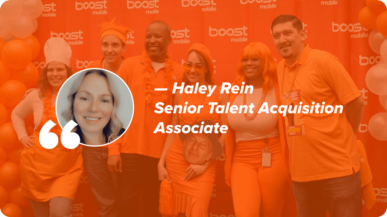 Pull quote over Boost orange image of team members