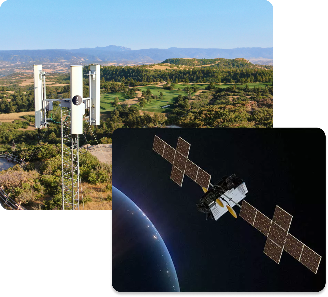A cell tower overlooking a green landscape, with an inset image of a satellite orbiting Earth.