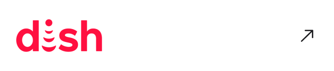 Dish logo in red, presented on a white background with a small arrow icon.